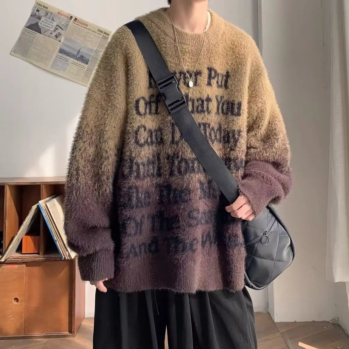 Gradient Letters Retro Sweater Men's Autumn Winter Loose Fashion Brand Handsome Clothes American Trendy Lazy Style Knitted