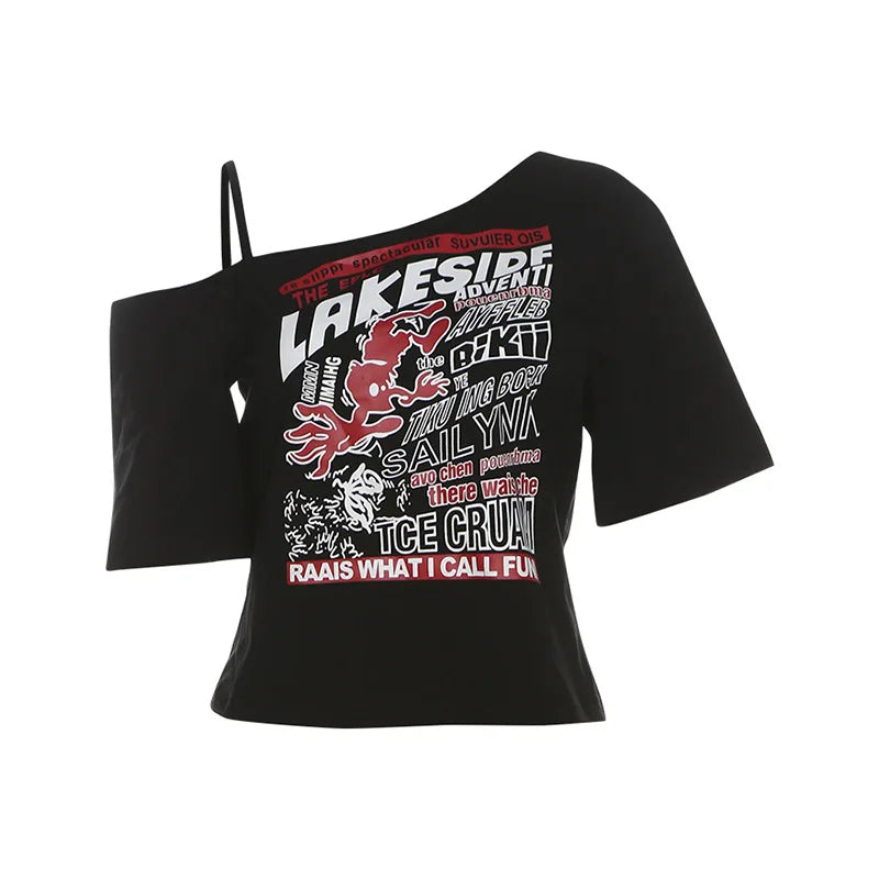 Gothic Tee Y2k Letter Print Off Shoulder Punk T-shirts Women Harajuku Summer Streetwear Grunge T Shirt Aesthetic Sexy Crop Tops