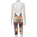 CUTENOVA Women'S Full-Body Printed Hanging Neck Big Backless Skinny Five-Point Jumpsuit Sexy Fashion Street Trend Jumpsuit