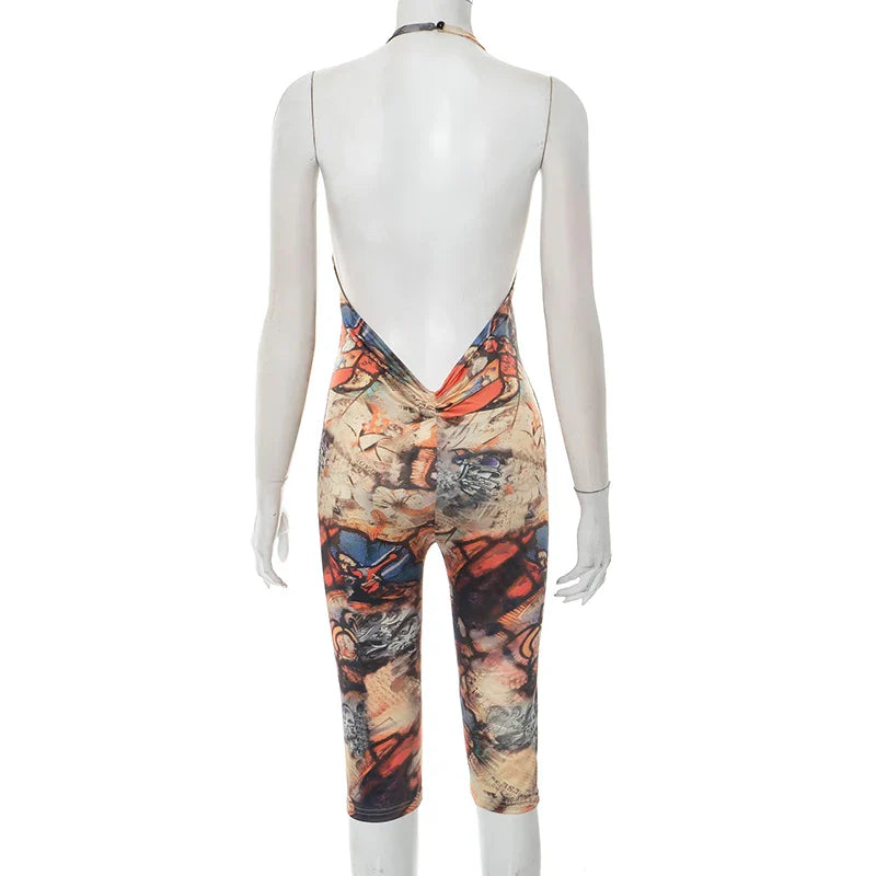 CUTENOVA Women'S Full-Body Printed Hanging Neck Big Backless Skinny Five-Point Jumpsuit Sexy Fashion Street Trend Jumpsuit