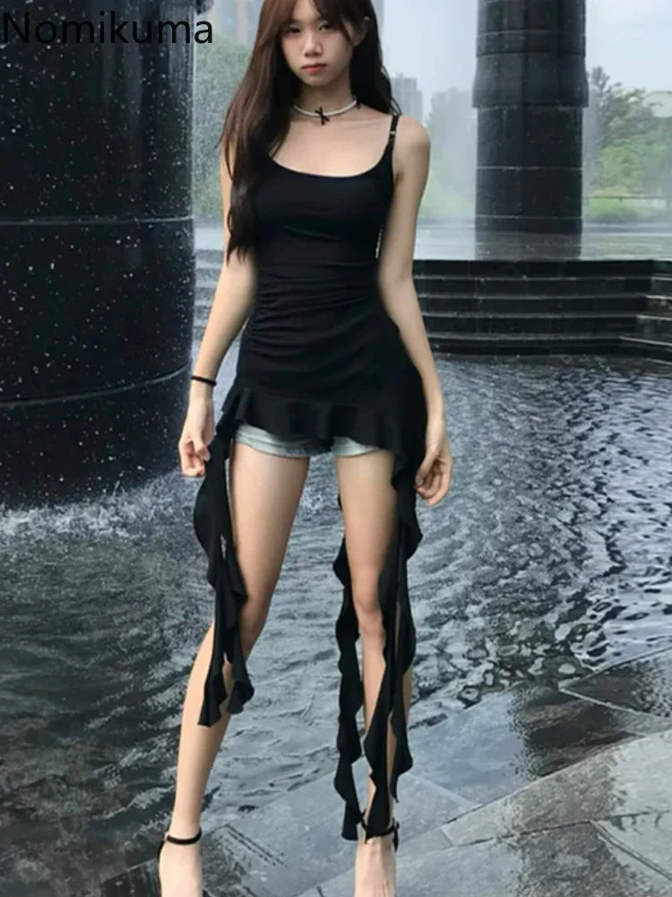 2025 Women Clothing Black Tunic Y2k Top Ruffles Sexy Camis Ropa Mujer Irrgeular Tassel Summer Vest Fashion Korean Crop Tanks