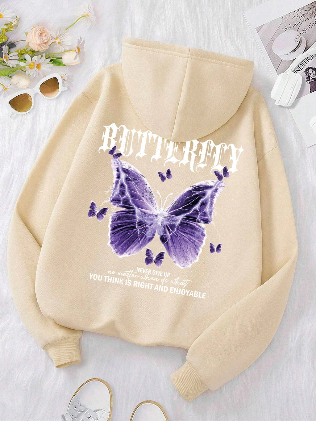 Beautiful Purple Butterfly Printing Hoodies Women Fleece Pocket Hoody Simple Casual Hoodie Autumn Loose Female Streetwear