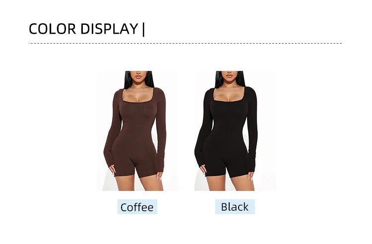 2025 Spring and Summer New Fashion Women's Long Sleeve Jumpsuit Shorts  Long Sleeve Sexy Slim Jumpsuit U Neck Jumpsuit