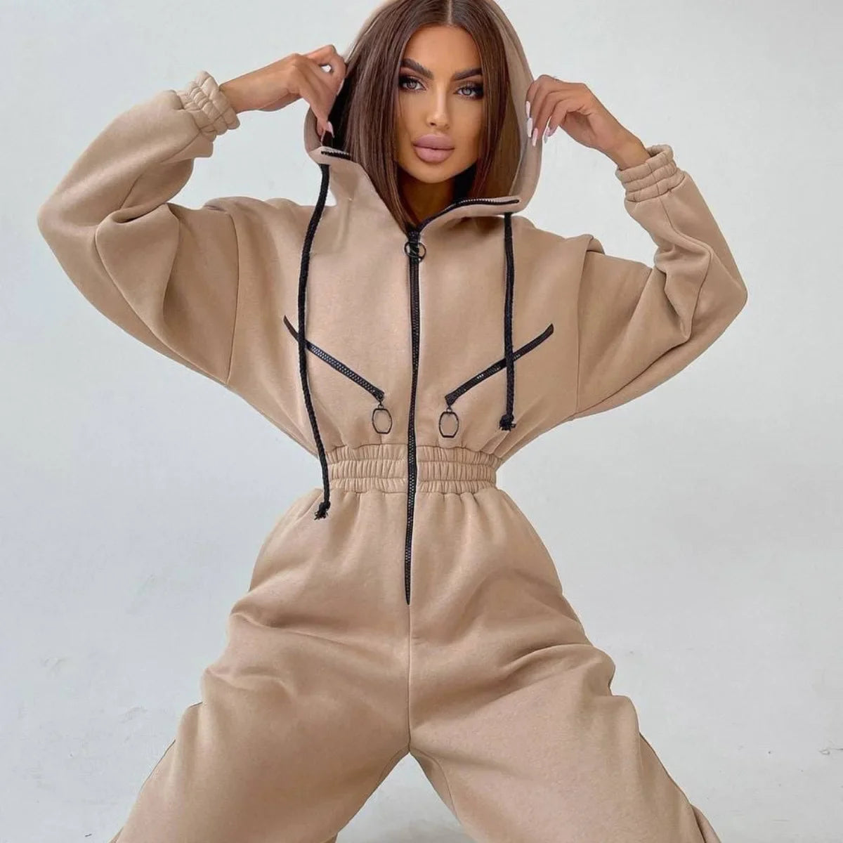 Autumn Women's Monochrome Long-Sleeved Jumpsuit Solid Color Zip-up Sportswear Female Winter Casual Tracksuit Fashionable Hoodies