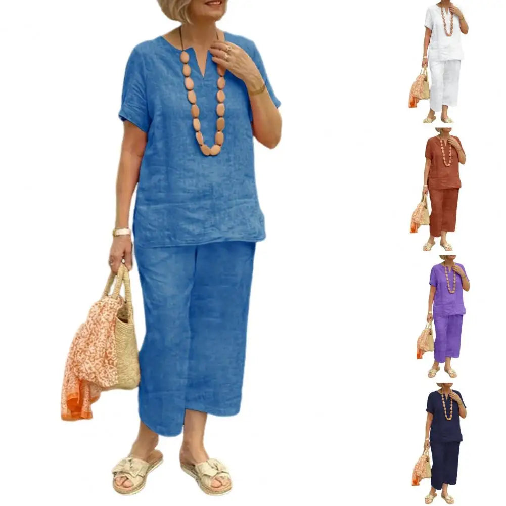 2Pcs Women Blouse Pants Set Solid Color Short Sleeve Loose Top Wide Leg Straight Pants Sets Casual Matching Tracksuit Outfit