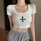 2025 Summer tshirt Women Black Cross Print Short T-Shirt Sexy U Neck Crop Top Short Sleeve Tops Tee Female Shirts