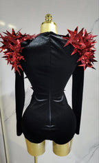 2025 New Shiny Black Rhinestone Velvet Long Sleeve Bodysuit Women Evening Party Club Gala Hosts NightClub Bar Stage Costumes