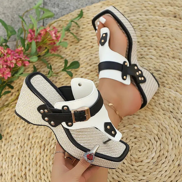 2025 plus-size fashionable summer new height-increasing thick-heeled metal buckle slippers with a one-shoulder beach flip-flops
