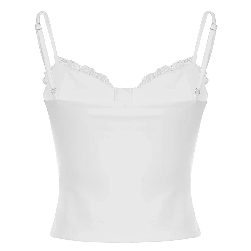 CIBBAR White Button Up Corset Top Vintage 2000s Lace Stitching Skinny Cropped Tops Elegant Ladies Strap Tee y2k Coquette Clothes