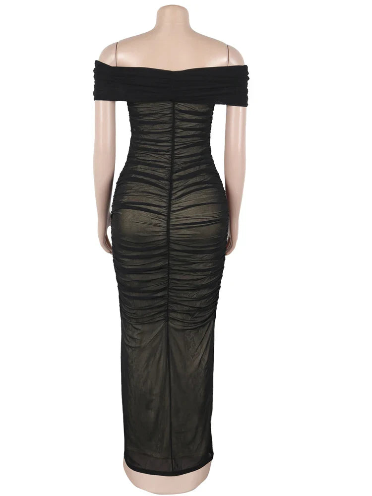 Beyprern Luxe Goddess Ruched Mesh Maxi Dress Elegant Women's Off Shoulder Pleated Bandage Beach Vacation Dress Holiday Outfits