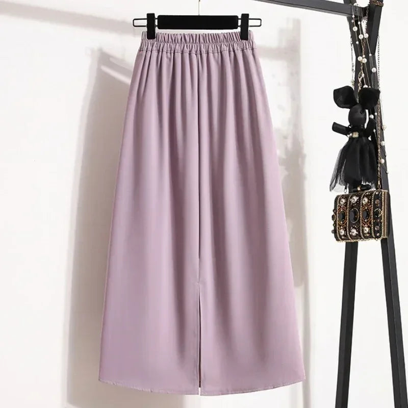 2025 Summer Female Fashionable Versatile Solid Skirts High Waisted Mid Length A-line Plus Size Skirt Split Wrap Body Skirt