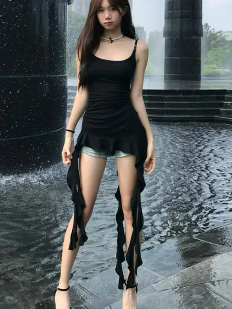 2025 Women Clothing Black Tunic Y2k Top Ruffles Sexy Camis Ropa Mujer Irrgeular Tassel Summer Vest Fashion Korean Crop Tanks