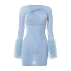 2025 Autumn Furry Patchwork Dress Women See Through Full Sleeve Sexy Hollow Cross Elegant Luxury Banquet Birthday Party Clubwear