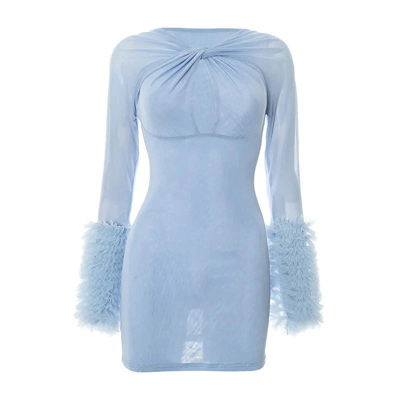 2025 Autumn Furry Patchwork Dress Women See Through Full Sleeve Sexy Hollow Cross Elegant Luxury Banquet Birthday Party Clubwear