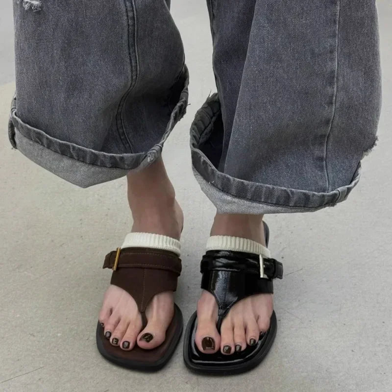 2025 New French Small Cool Drag Square Toe Flip Flops Stiletto Slippers for Women