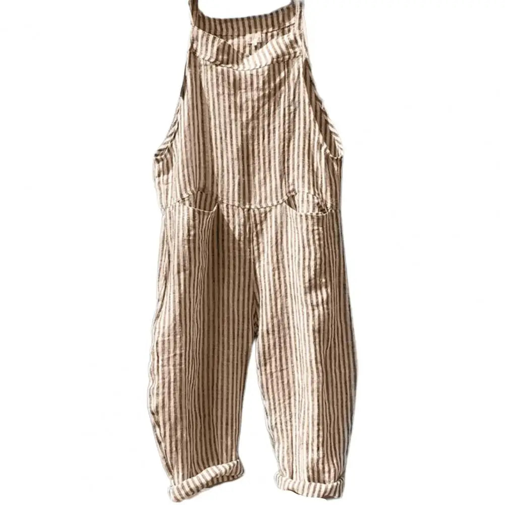 Casual Striped Print Sleeveless Jumpsuit Sling Big Pockets Wide Leg Summer Jumpsuit Women Female Clothing