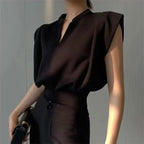 Black V-neck Short Shirt Summer Crop Top Women's Fashion Sleeveless Shirts Elegant Office Lady Clothes Top Casual Blouse