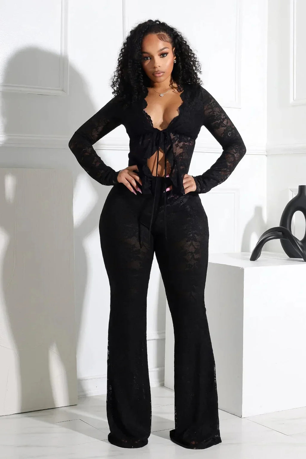 2025 Women's Set Long Sleeve Lace See Through Shirt + Long Pants Street Evening Sexy Two 2Piece Sets Outfits Tracksuit