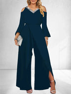 2024 Women's New Split Sequin Solid V-neck Basic Business Elegance Wide Leg Loose Sleeve Flare Sleeve Jumpsuit  Bodysuit