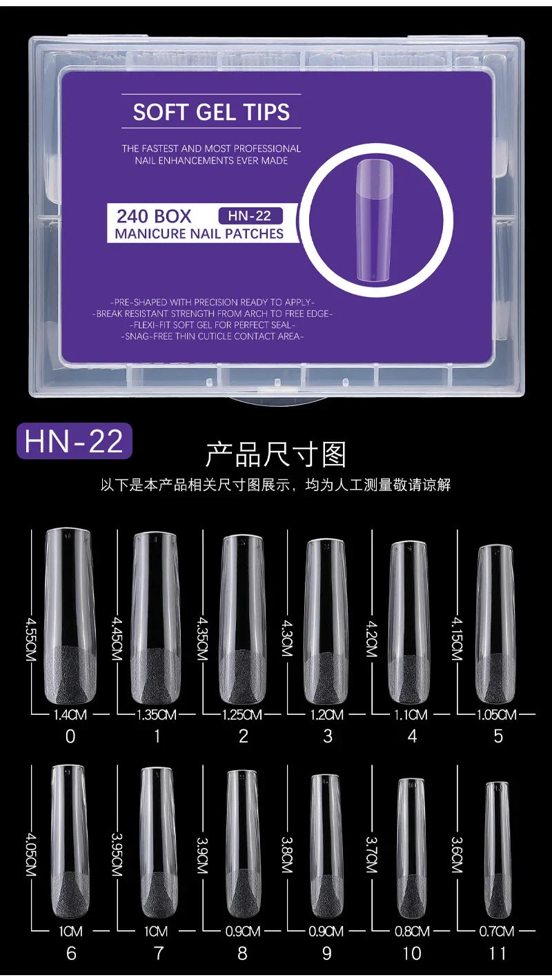 240PCs Extra Long XXL Size False Nail Tips Soft Gel Coffin Square Almond Fake Nail Tips Half Matte No Trace Traceless Nails