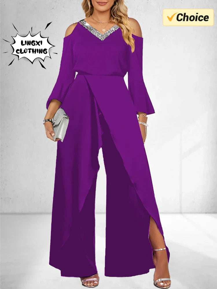 2024 Women's New Split Sequin Solid V-neck Basic Business Elegance Wide Leg Loose Sleeve Flare Sleeve Jumpsuit  Bodysuit