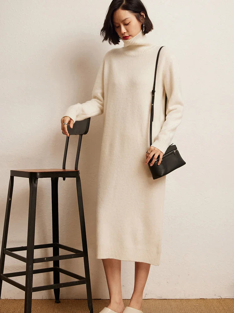 100% Cashmere Sweater Long Dress New Women High Turn-down Collar Pullover  Soft Cosy Autumn Winter Casual Solid Knitwear Dress