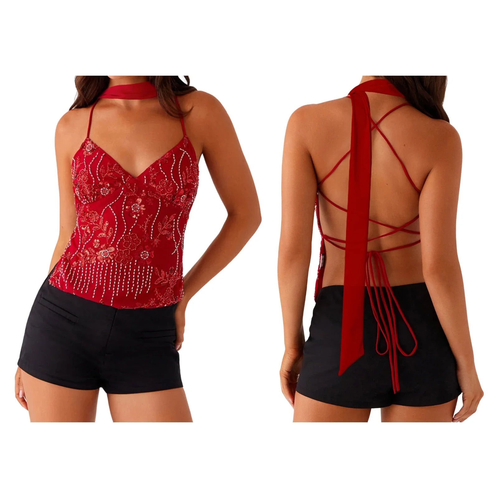 Combhasaki Women Summer Sleeveless Beading Camis Top V-neck Tie-up Cross Backless Pearl Glitter Sequin Flower Embroideried Vest