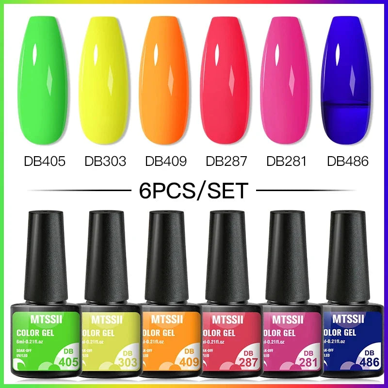 6PCS/SET Glitter Bright Pink Peach Gel Nail Polish Kit Spring Colorful Semi Permanent Soak Off Art UV Gel Varnish For Manicure