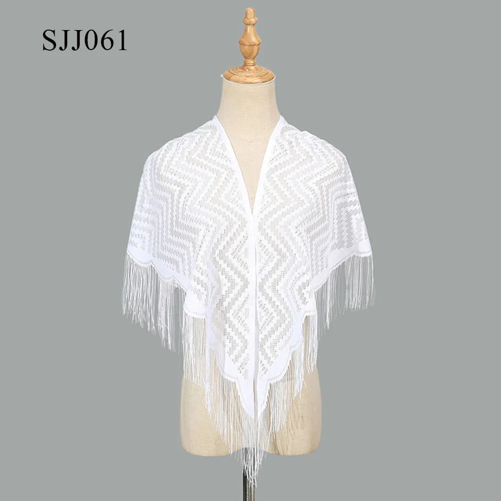 2024 White/Black Catholic Woman Spanish Style Lace Tassel Church Veil Head Covering Long Veil Floral Scarves Wedding Accessories