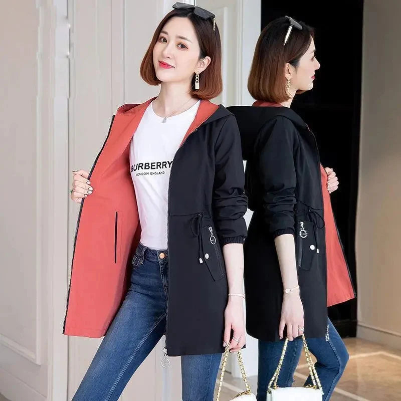 Double-Sided Trench Coat Women 2023New Fashion Spring Autumn Clothes Hooded Mid-Length Windbreakers Female Outerwear Casual Tops