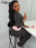 Dulzura Women'S Sexy Casual 2 Piece Pants Set Long Sleeve Letter Print Bodycon Crop Top And Flare Pants Matching Set Streetwear