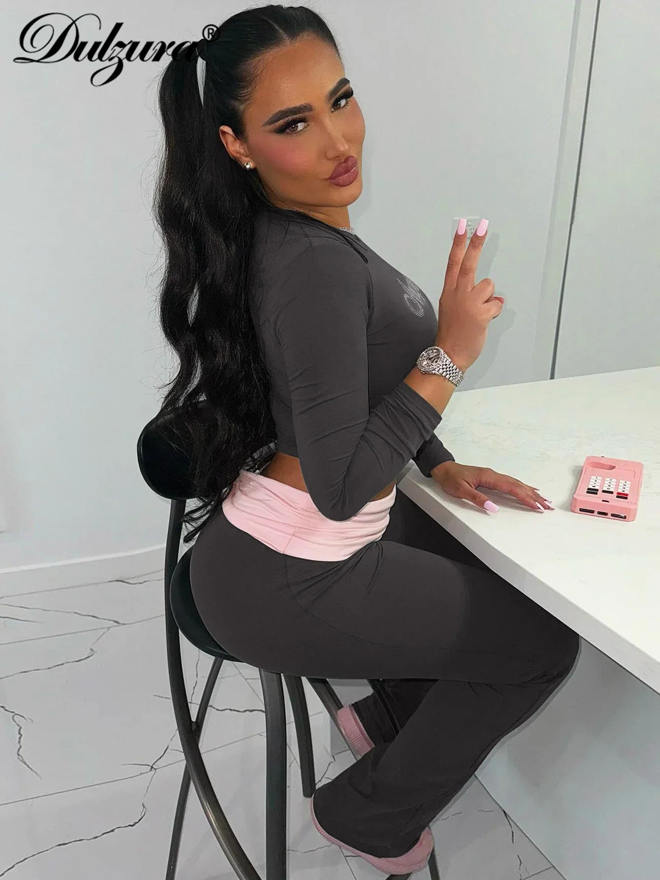 Dulzura Women'S Sexy Casual 2 Piece Pants Set Long Sleeve Letter Print Bodycon Crop Top And Flare Pants Matching Set Streetwear