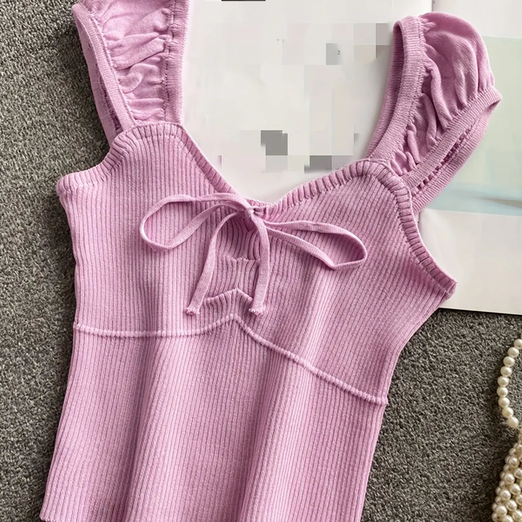 2024 Solid Color Ribbed Knotted Tank Top Casual Round Neck Tank Top For Spring & Summer Women's Clothing Knit Crop Top