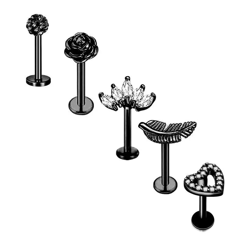 5PCS Flower Tragus Piercing Set Flat Back Cz Cartilage Stud Earring Helix Jewelry Conch Rook Stud Lot Labret Lip Piercing Bulk
