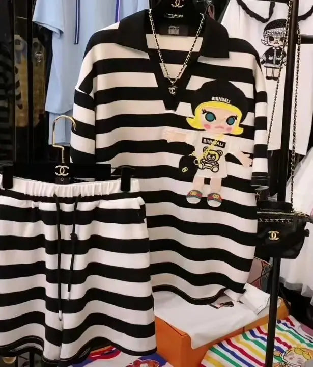 Casual Sports Striped Oversized Women's Clothing Summer Loose Turn-down Collar Pullovers Short Sets Elastic Waist Wide Leg Pants