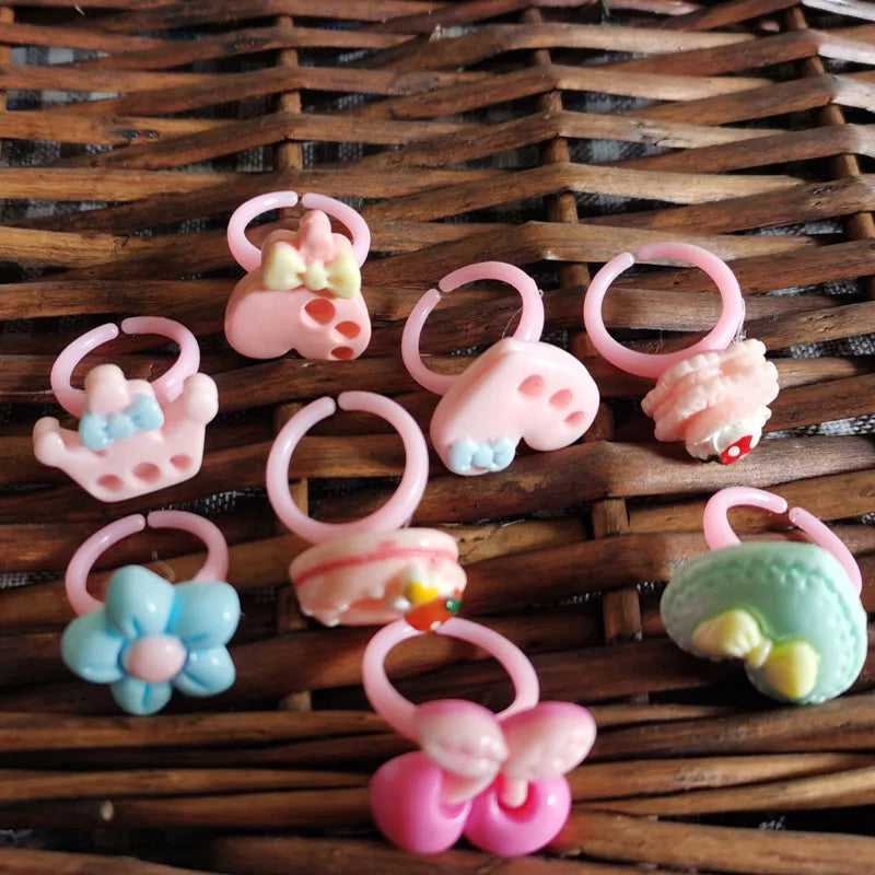 10pcs/lot Children's Cartoon Rings Candy Flower Animal Bow Shape Ring Set Mix Finger Jewellery Rings Kid Girls Toys Anillo