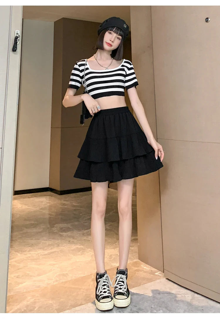 Casual Summer Ball Gown Pleated Skirts Women 2024 Korean Fashion Clothing Faldas Largas High Waist Black White A Line Mini Skirt