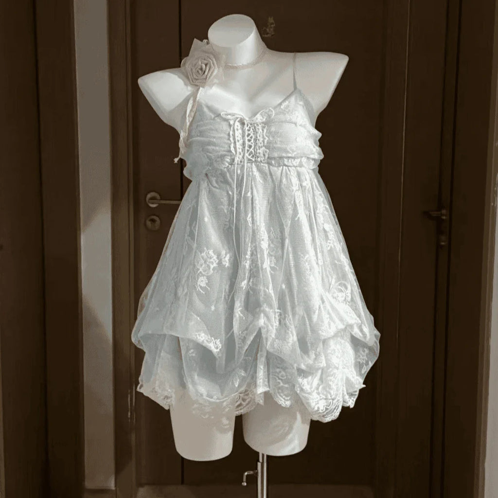 2000s Gothic Vintage Mini Dress Women Sleeveless Strap Party Dress Evening Lace Retro Cltohing Japanese Y2k Black Chic