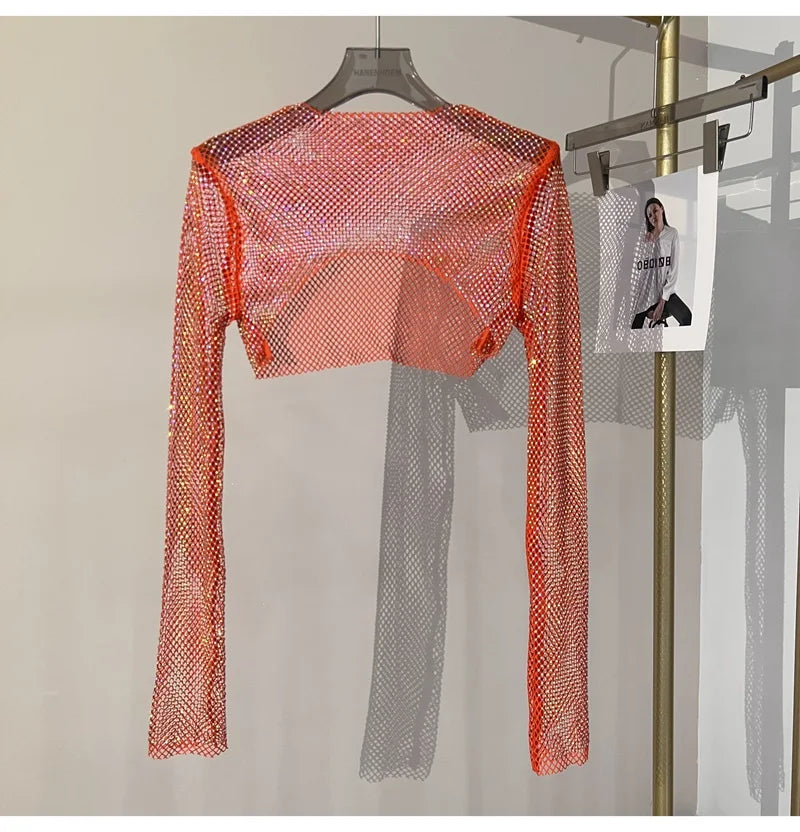 2023 new sexy bright diamond short top Slim thin Ms. hot drill long-sleeved T-shirt sexy leak waist nightclub