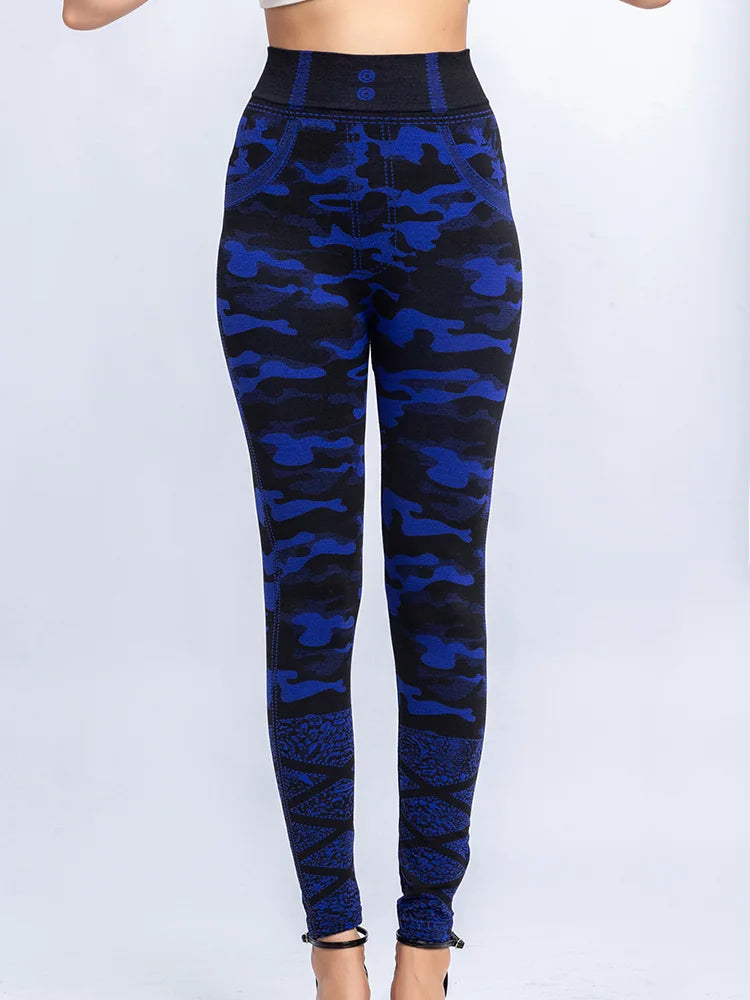CUHAKCI Camouflage Printed Leggings Women Seamless Denim Sports High Waist Tights Workout Fitness Elastic Pants Stretch Jeggings