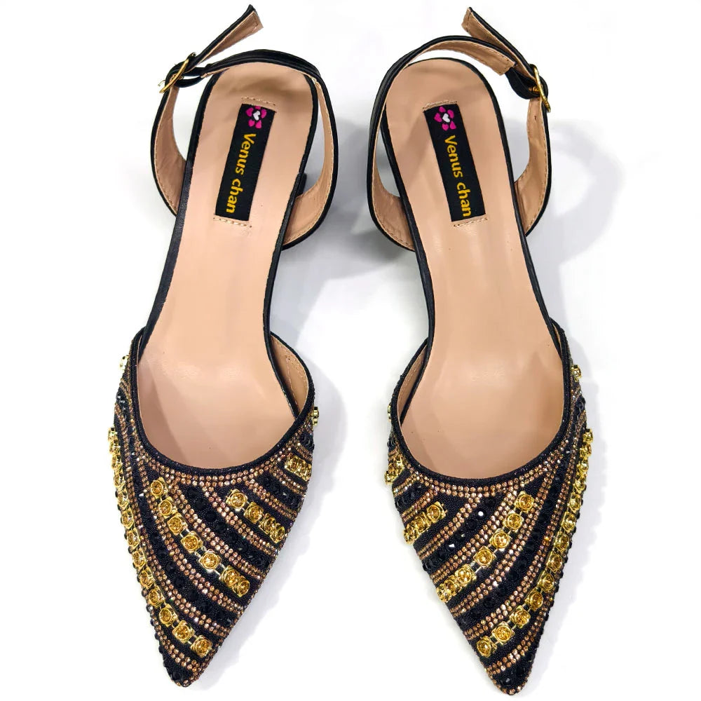 2025 Luxurious Italian Women's Party Shoes & Bag Set â€?Elegant Golden Rhinestone Spring/Summer Sandals with Pointed High Heels f