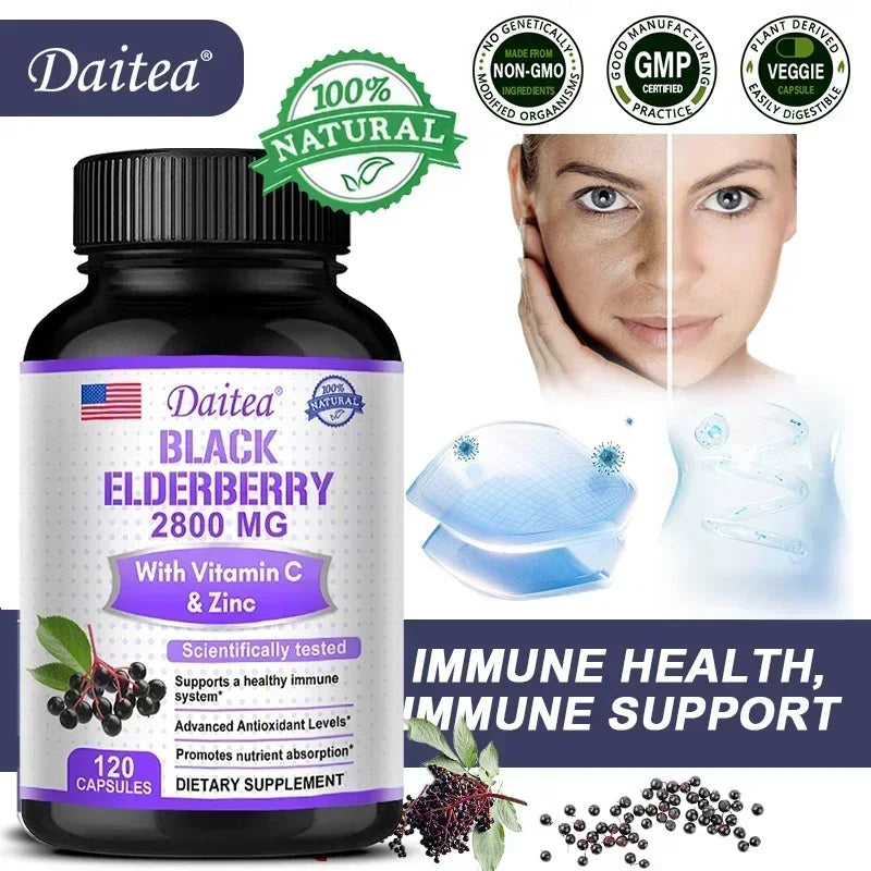 Black Elderberry 2800 Mg - with Vitamin C and Zinc, Immune System Support, Antioxidant Supplement, Skin Health Benefits