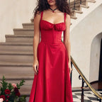 Comfortable Midi Dress for Women Sleeveless Party Dress Elegant Lace-up Bandeau Dress with Corset Design Side Split Hem Women's