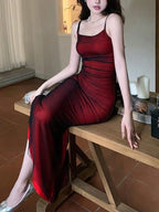 2025 Summer Women's Dress Red Pasta with Straps Pleated Strappy Dress Slim and Elegant Party Dress Long