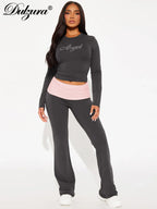 Dulzura Women'S Sexy Casual 2 Piece Pants Set Long Sleeve Letter Print Bodycon Crop Top And Flare Pants Matching Set Streetwear