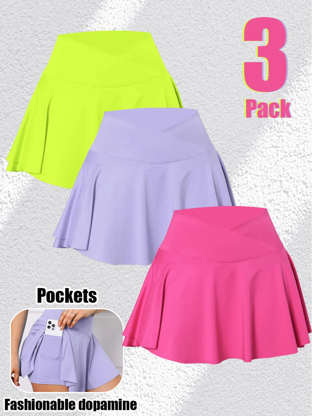 3Pack Dopamine Pockets Tennis Skirts for Women Fitness Skinny Pleated Skirt Outdoors Corset Pockets Shorts High V Waist