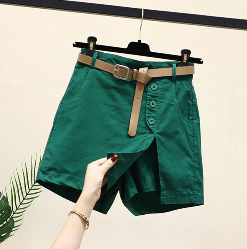 Chic Shorts Women Belt Korean Solid Buttons Side Slit A-line Streetwear Fashion Skirts Chic Harajuku Summer Loose Pants