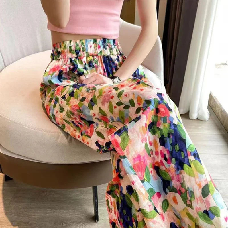 2024 Summer New Beach Pants Loose Wide-Leg Pant for Women Seaside Leisure INS High Waist Cropped Pant Straight Floral Trousers
