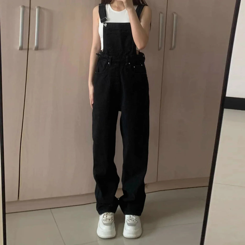 Denim Jumpsuit Summer Women Vintage Preppy Style Pockets Loose Fit High Waist Wide Leg Overalls Streetwear Straight Jeans