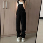 Denim Jumpsuit Summer Women Vintage Preppy Style Pockets Loose Fit High Waist Wide Leg Overalls Streetwear Straight Jeans